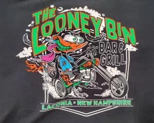 Screenprinted "Looney Bin" design on tees